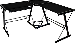 Ellis Modern Glass Top L Shaped Corner Gaming Desk with Computer Keyboard Tray, 51 Inch, Black