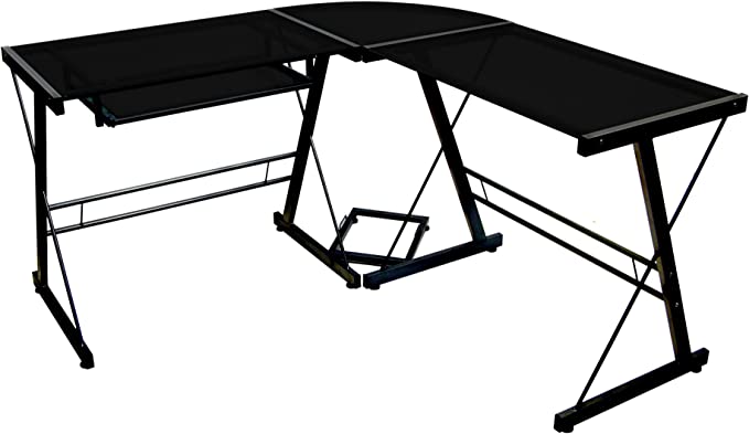 Ellis Modern Glass Top L Shaped Corner Gaming Desk with Computer Keyboard Tray, 51 Inch, Black