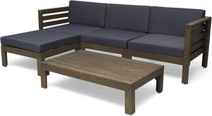 Outdoor 5 Piece Wood Sofa Set, Gray Finish, Dark Gray Cushions #9144