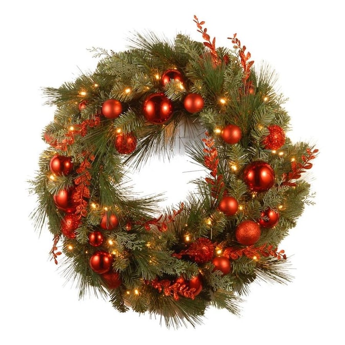 24-in Pre-Lit Outdoor Battery-Operated Red, Green Ornament Artificial Christmas Wreath with White Warm LED Lights MRM283