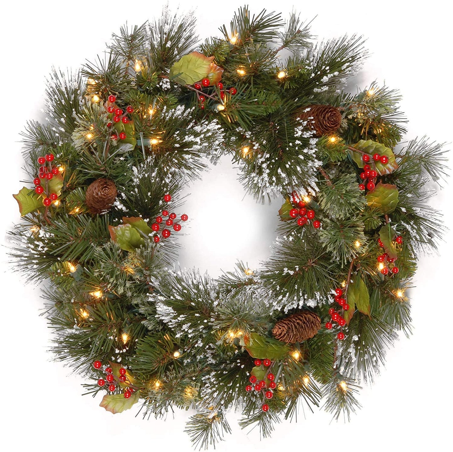 National Tree Company Pre-Lit Artificial Christmas Wreath, Green, Wintry Pine, White Lights, Decorated with Pine Cones, Berry Clusters, Frosted Branches, Christmas Collection, 24 Inches