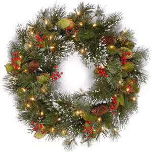 National Tree Company Pre-Lit Artificial Christmas Wreath, Green, Wintry Pine, White Lights, Decorated with Pine Cones, Berry Clusters, Frosted Branches, Christmas Collection, 24 Inches
