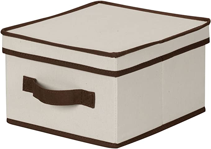 Storage Box with Lid and Handle - Natural Beige Canvas with Brown Trim- Medium 10
