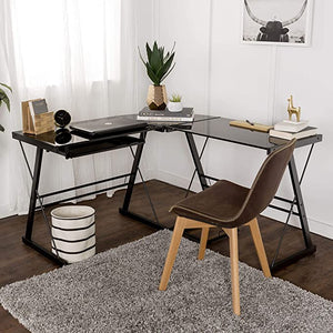 Ellis Modern Glass Top L Shaped Corner Gaming Desk with Computer Keyboard Tray, 51 Inch, Black