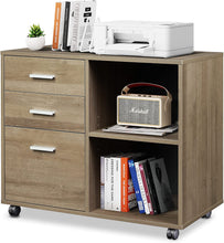 Load image into Gallery viewer, DEVAISE 3-Drawer Wood File Cabinet, Mobile Lateral Filing Cabinet, Printer Stand with Open Storage Shelves for Home Office, Gray Oak
