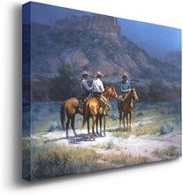 Load image into Gallery viewer, Moonshine Wall Art, Three Cowboys at The Basin of a Mountain at Night, Southwestern, 12 in H x 18 in W
