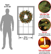 Load image into Gallery viewer, National Tree Company Pre-Lit Artificial Christmas Wreath, Green, Wintry Pine, White Lights, Decorated with Pine Cones, Berry Clusters, Frosted Branches, Christmas Collection, 24 Inches
