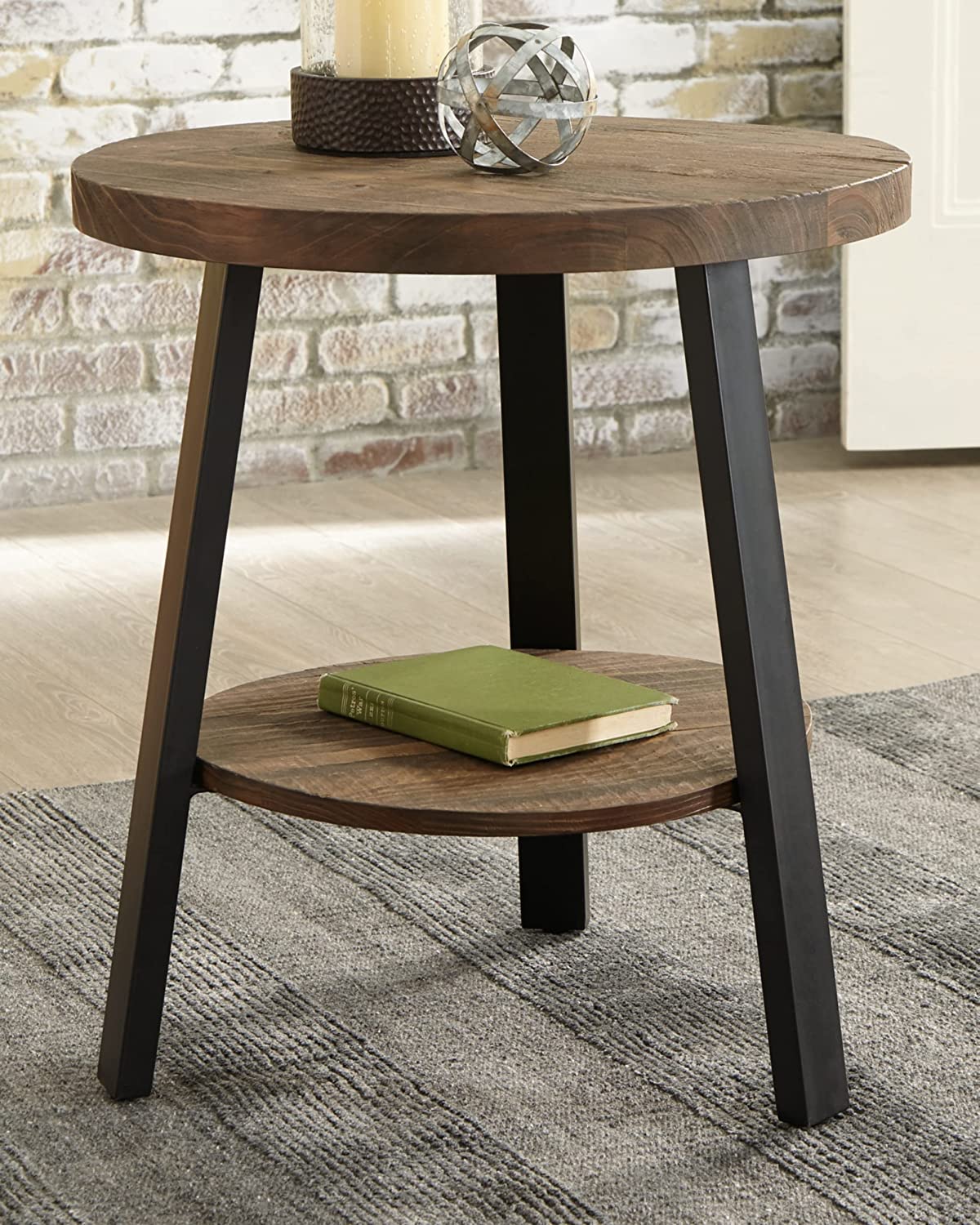 Signature Design by Ashley Chanzen Urban Round End Table with Fixed Shelf, Brown & Black