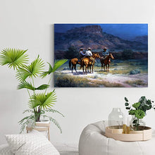 Load image into Gallery viewer, Moonshine Wall Art, Three Cowboys at The Basin of a Mountain at Night, Southwestern, 12 in H x 18 in W
