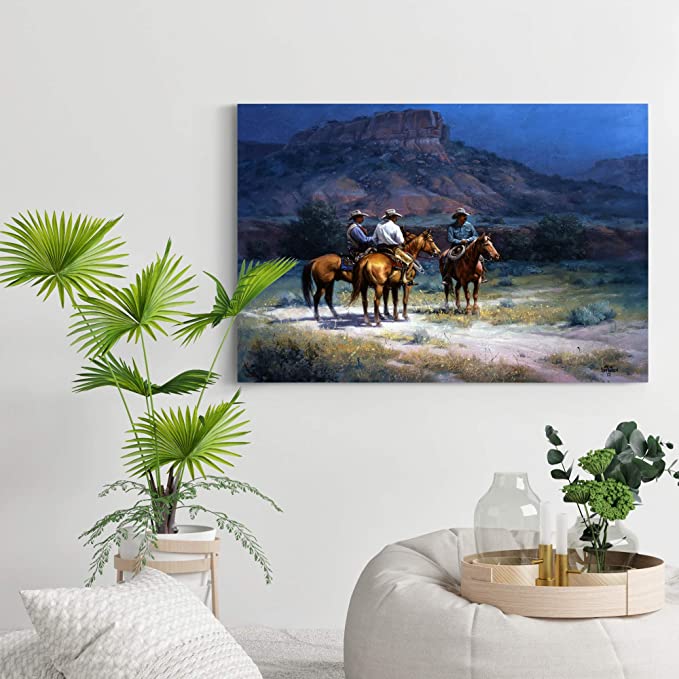 Moonshine Wall Art, Three Cowboys at The Basin of a Mountain at Night, Southwestern, 12 in H x 18 in W