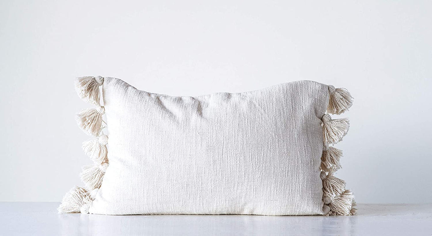 Cream Cotton Woven Slub Pillow with Plush Tassels #CR1072