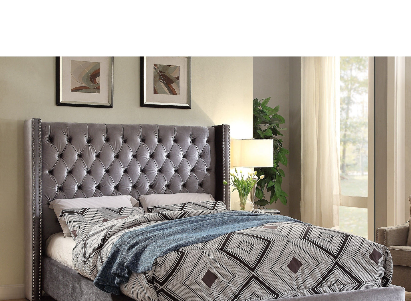 Aiden Grey Velvet Headboard Queen 3424RR