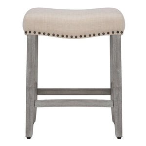 24" Inch Upholstered Saddle Seat Bar Stool (Set of 2), Antique Gray/Beige