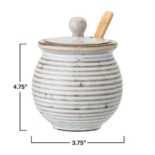 Load image into Gallery viewer, White Stoneware Honey Pot with Dipper &amp; Reactive Glaze Finish
