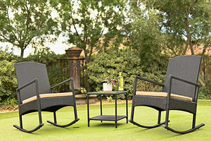 3 pcs Outdoor High-Backrest Rocking Chair w/Cushion Seat Wicker Seating Group w/Glass Coffee Table Set (Black/Beige)