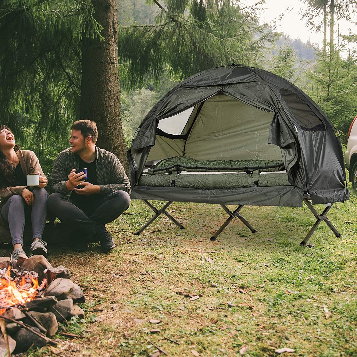 Outsunny, compact portable tent with camping cot, sleeping bag and air mattress MRM2051