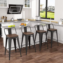Load image into Gallery viewer, 26 inch Black Metal Bar stools Set of 4 with Wooden Seat,Counter Height Rustic Bar Stools Farmhouse Bar Stools with Removable Low Back,Non-Slip Rubber Caps
