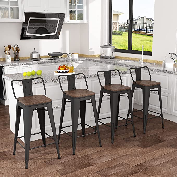 26 inch Black Metal Bar stools Set of 4 with Wooden Seat,Counter Height Rustic Bar Stools Farmhouse Bar Stools with Removable Low Back,Non-Slip Rubber Caps