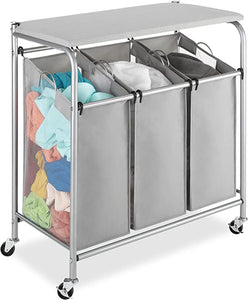 3 Section Rolling Laundry Sorter with Folding Station - Ironing Board