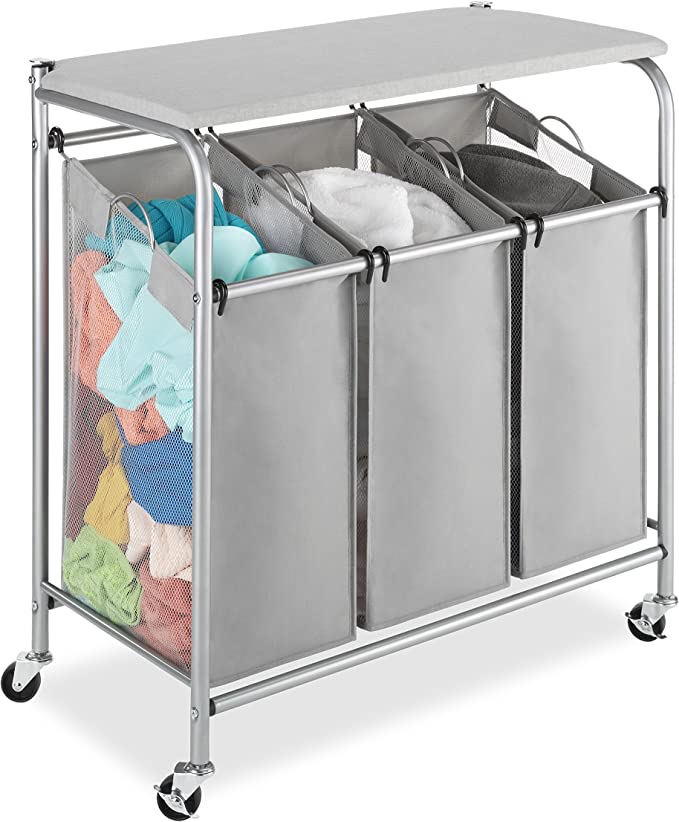 3 Section Rolling Laundry Sorter with Folding Station - Ironing Board