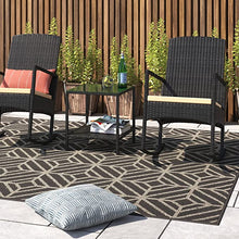 Load image into Gallery viewer, 3 pcs Outdoor High-Backrest Rocking Chair w/Cushion Seat Wicker Seating Group w/Glass Coffee Table Set (Black/Beige)
