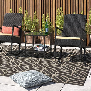 3 pcs Outdoor High-Backrest Rocking Chair w/Cushion Seat Wicker Seating Group w/Glass Coffee Table Set (Black/Beige)