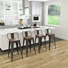 Load image into Gallery viewer, 26 inch Black Metal Bar stools Set of 4 with Wooden Seat,Counter Height Rustic Bar Stools Farmhouse Bar Stools with Removable Low Back,Non-Slip Rubber Caps
