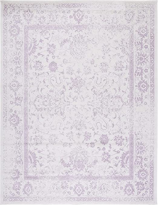 Adirondack Collection 8' x 10' Ivory/Lavender Oriental Distressed Non-Shedding Living Room Bedroom Area Rug