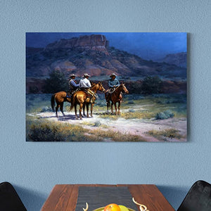Moonshine Wall Art, Three Cowboys at The Basin of a Mountain at Night, Southwestern, 12 in H x 18 in W