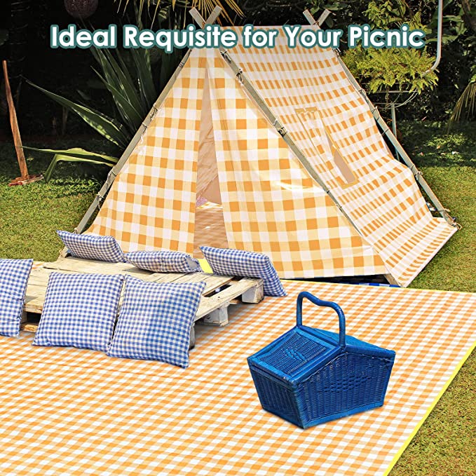 Large Checkered Picnic Blankets 79 x 79 Inches Waterproof Blanket Portable Picnic Supplies for Outdoor Family Outdoor Camping Parties (Yellow and White)