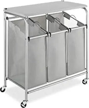 Load image into Gallery viewer, 3 Section Rolling Laundry Sorter with Folding Station - Ironing Board
