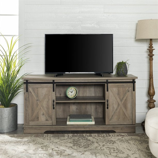 58 inch Sliding Barn Door Grey Wash TV Console 2363CDR