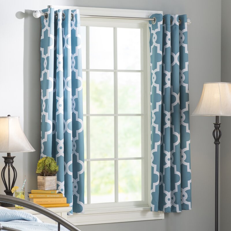 Bedelia Ironwork Sateen Woven Geometric Room Darkening Thermal Grommet Curtain Panels- Teal #9987ha