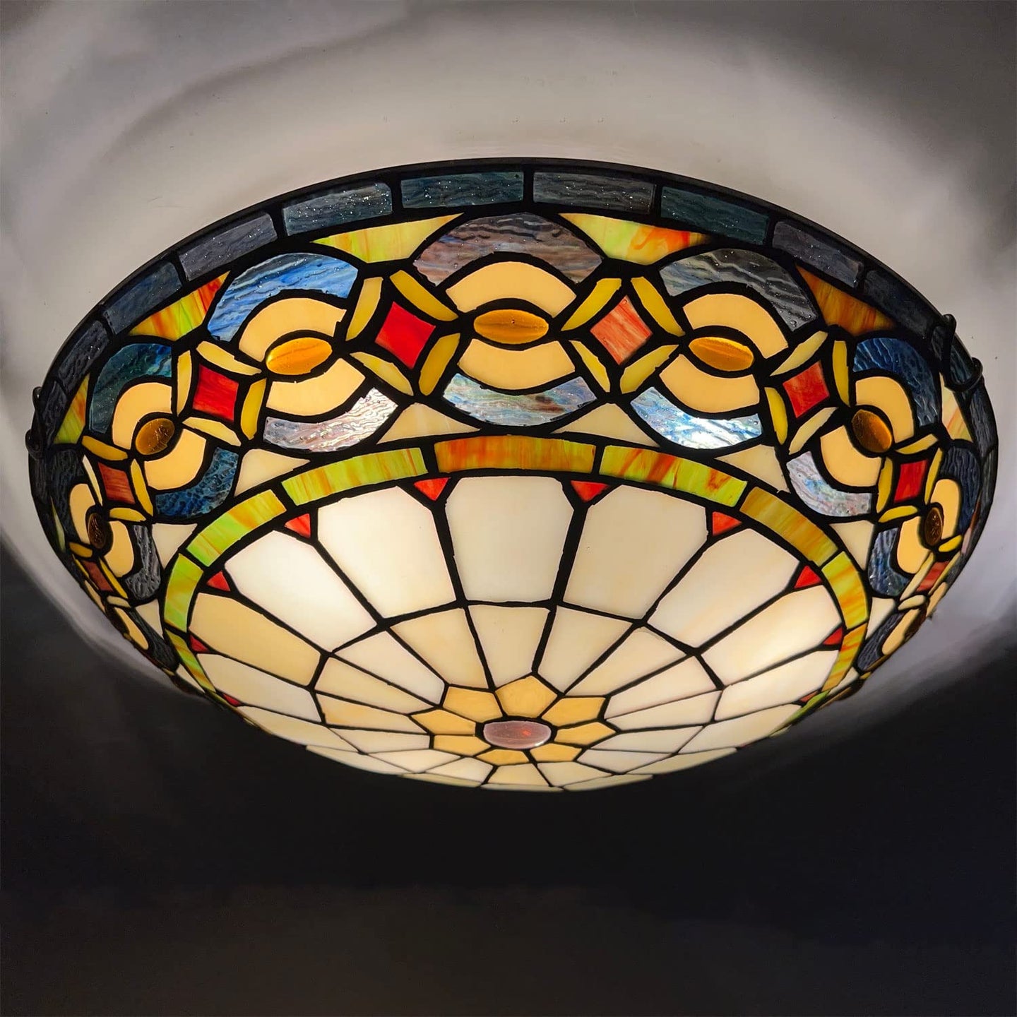 Tiffany 3 Light Flush Mount Ceiling Light White Finish with Tiffany Glass