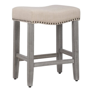 24" Inch Upholstered Saddle Seat Bar Stool (Set of 2), Antique Gray/Beige