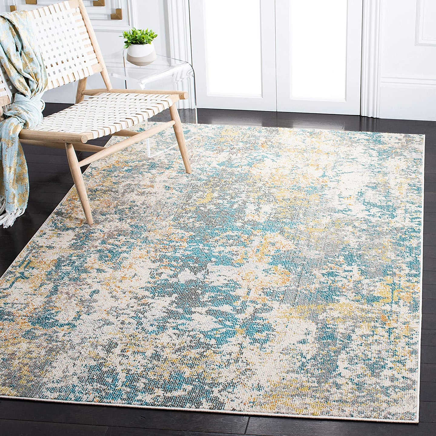 SAFAVIEH Madison Collection 3' x 5' Teal / Gold Modern Abstract Non-Shedding Living Room Bedroom Accent Rug