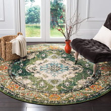 Load image into Gallery viewer, SAFAVIEH Monaco Collection 10&#39; x 10&#39; Round Forest Green/Light Blue Boho Chic Medallion Distressed Non-Shedding Dining Room Entryway Foyer Living Room Bedroom Area Rug

