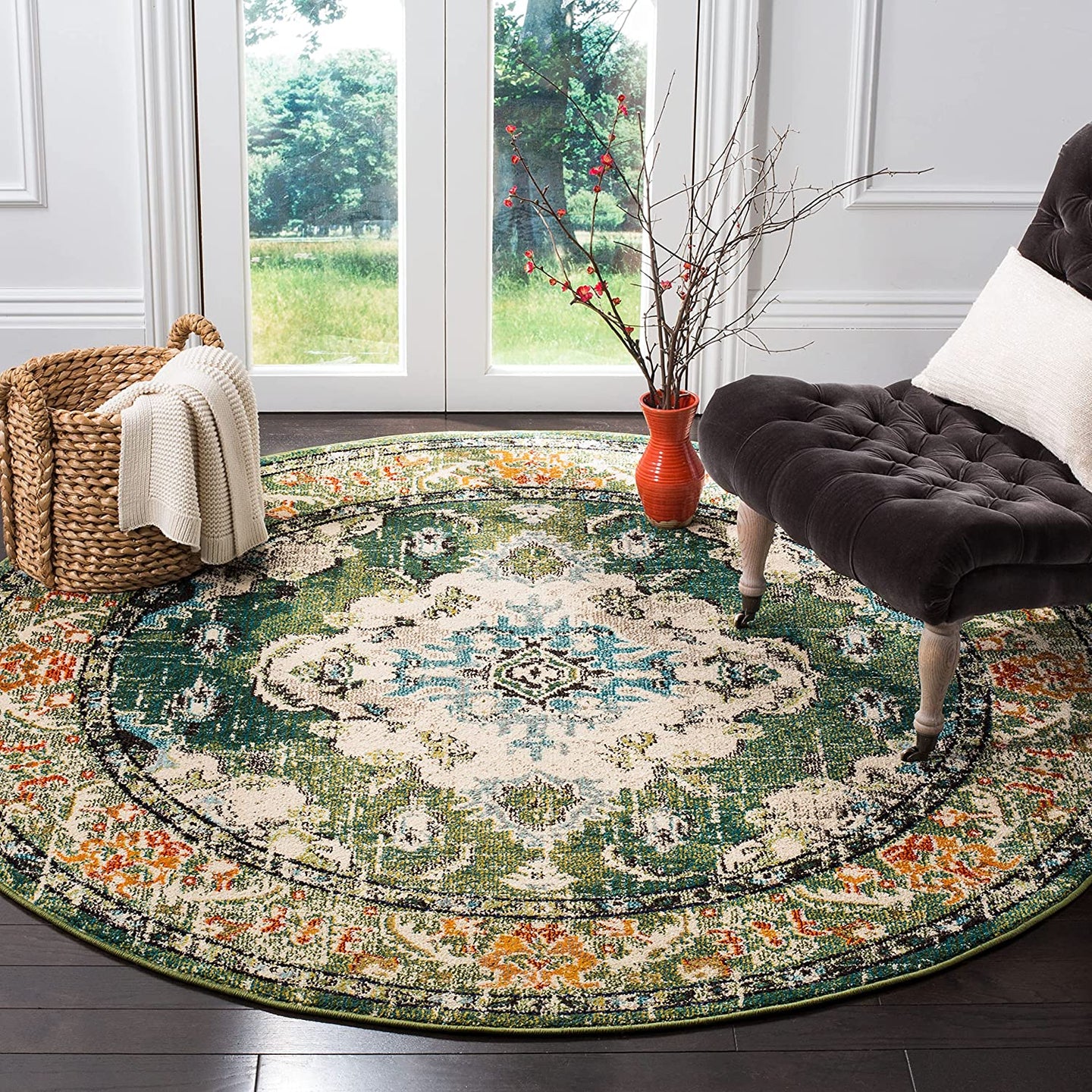 SAFAVIEH Monaco Collection 10' x 10' Round Forest Green/Light Blue Boho Chic Medallion Distressed Non-Shedding Dining Room Entryway Foyer Living Room Bedroom Area Rug