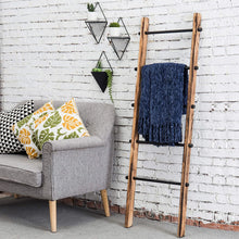 Load image into Gallery viewer, MyGift 5-ft Urban Rustic Wall-Leaning Burnt Wood &amp; Metal Quilt Blanket and Towel Storage Ladder Stand
