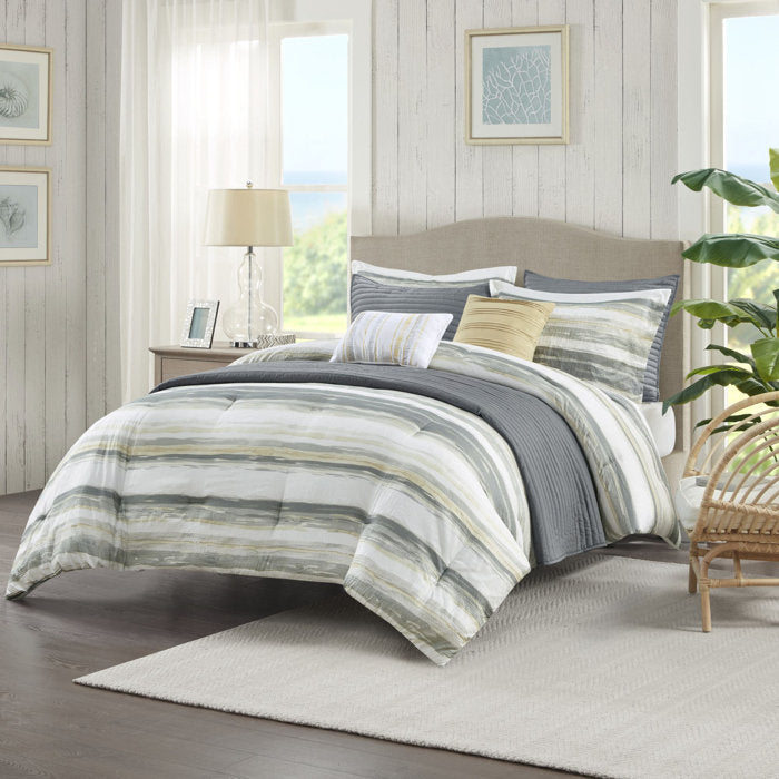 King/Cal King Comforter + 7 Additional Pieces Yellow Adam 8 Piece Printed Seersucker Comforter and Coverlet Set Collection