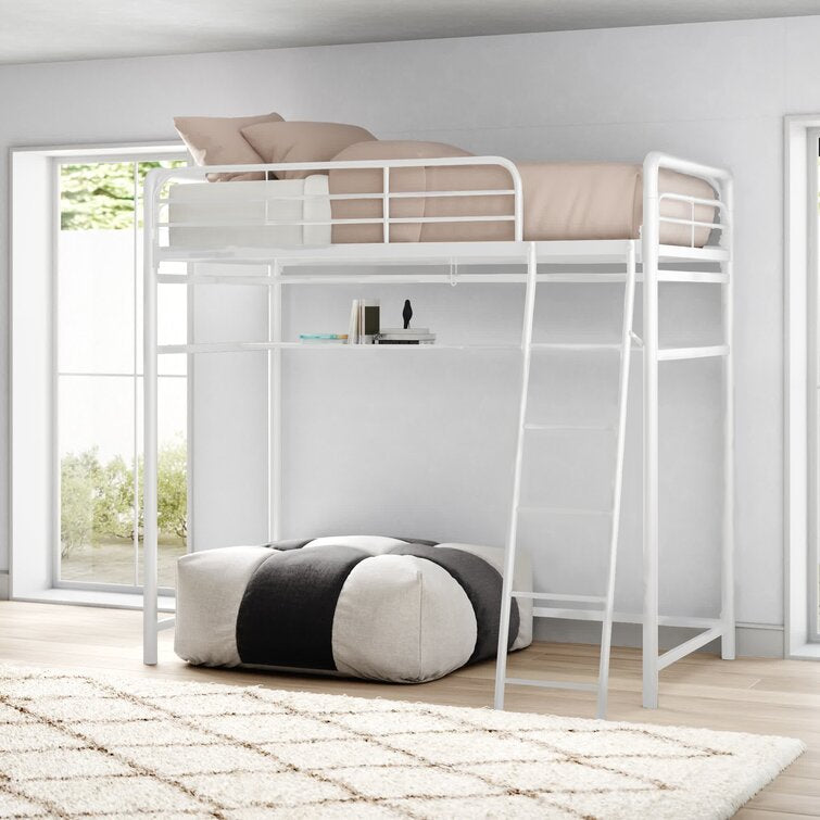 White Adonis Twin Loft Bed with Shelves