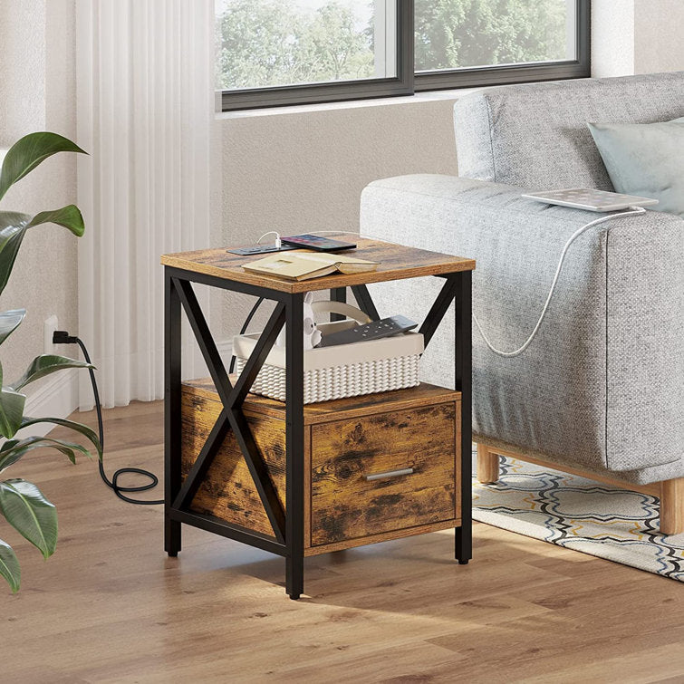 Agapi 21.7'' Tall End Table with Storage and Built In Outlets, Black/Rustic Brown