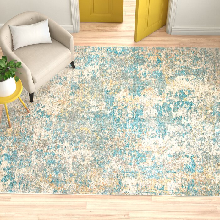 Agdal Abstract Area Rug in Ivory/Teal/Gold, Rectangle 4' x 6'