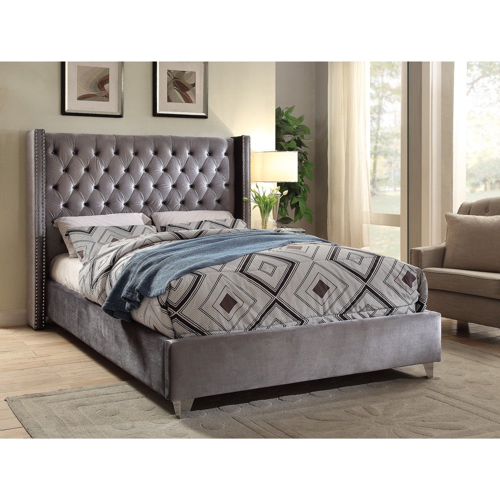 Aiden Grey Velvet Bed - Queen Headboard and Slats Only 687CDR