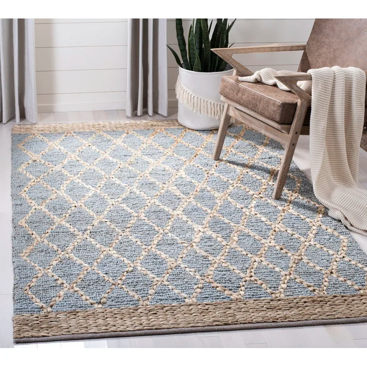 Alegria Geometric Handmade Hand-Loomed Area Rug in Light Blue/Brown, Rectangle 4' x 6'