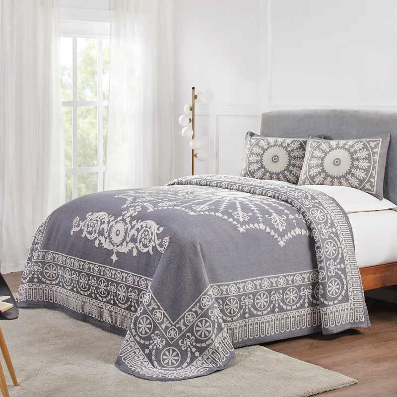 Full Coverlet/Bedspread + 1 Bedspread + 2 Shams Denim Blue Alistair Standard Cotton Coverlet / Bedspread Set