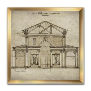30" H x 30" W x 1" D Antique Facade Old Style Architecture Sketch I - Picture Frame Print on Canvas