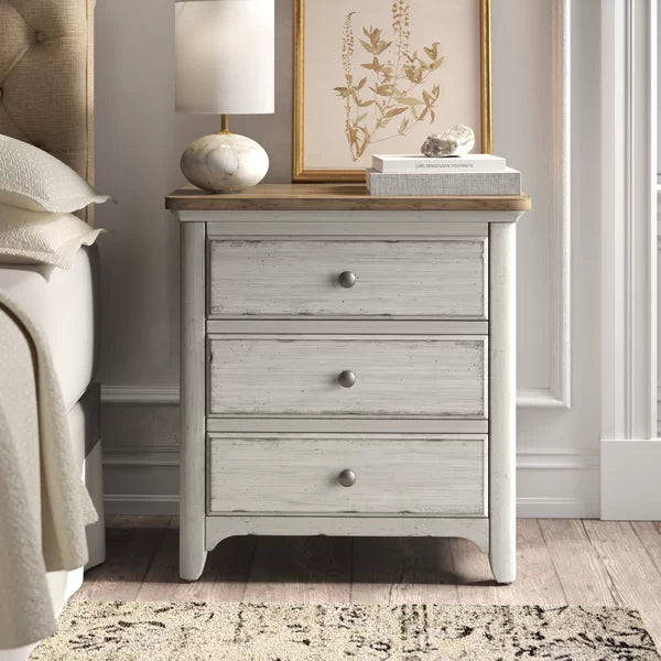 Ayden 30'' Tall 3 - Drawer Solid Wood Nightstand in Antique White/Chestnut