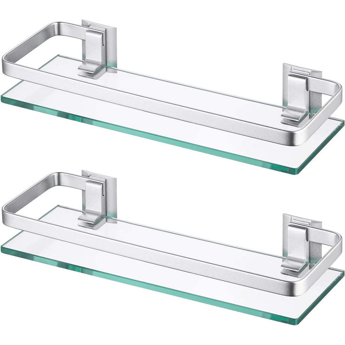 Bathroom Glass Shelf Aluminum Tempered Glass 8MM Extra Thick 4 Pack Rectangular 1 Tier Storage Organizer Wall Mount Silver