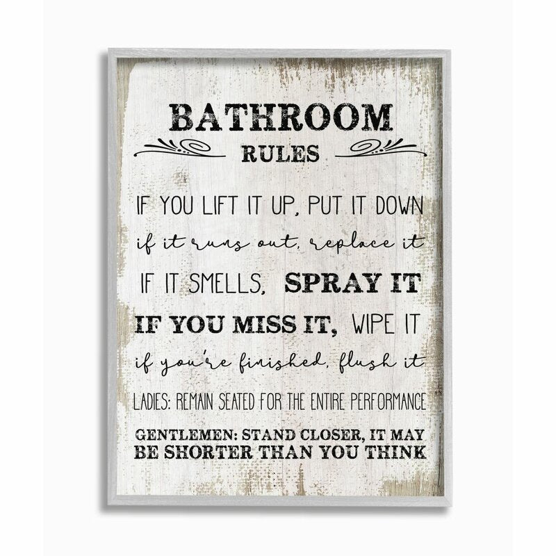 'Bathroom Rules Funny Word Wood Textured Design' Graphic Art on Canvas 1915AH